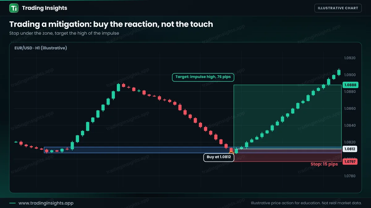 EUR/USD H1 chart of a mitigation trade with a buy at 1.0812 after the reaction in the zone, a stop at 1.0797 for 15 pips and a target at 1.0888 for 76 pips