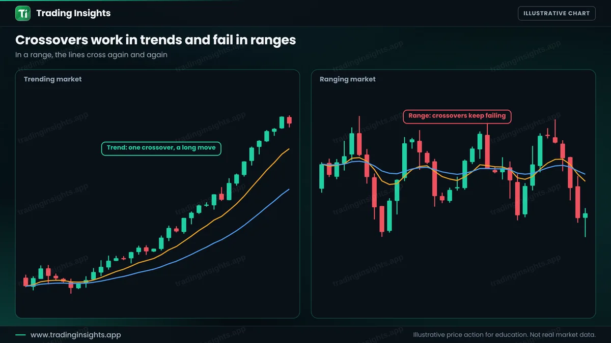 Two EUR/USD H1 charts: a trending market with one crossover followed by a long move, and a ranging market where the two EMAs cross again and again