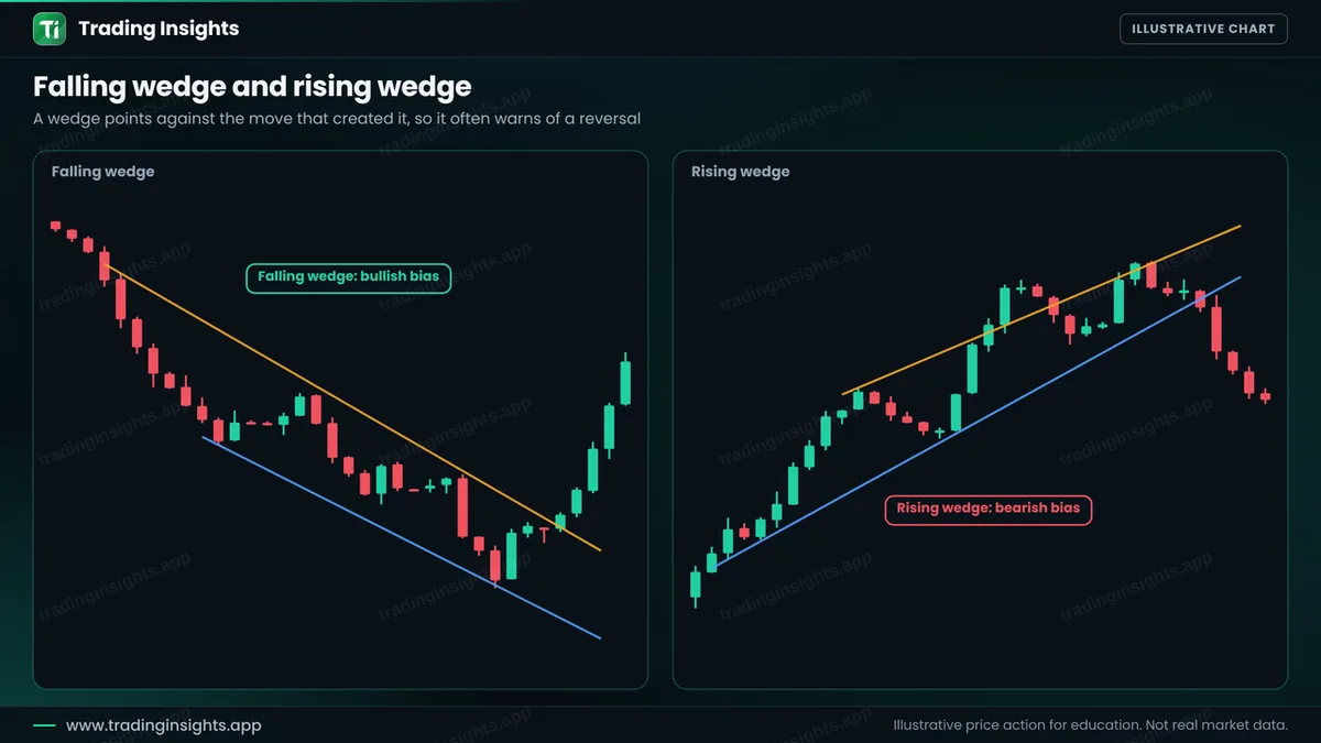 Two EUR/USD H1 charts side by side: a falling wedge with a bullish bias and a rising wedge with a bearish bias