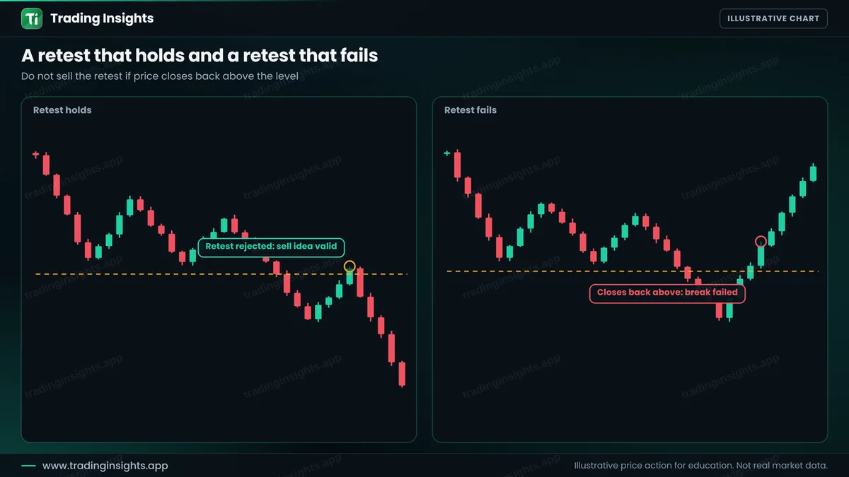 Two panels: on the left price retests a broken support from below and is rejected, and on the right price closes back above the level and the break fails