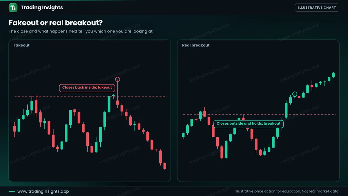 Two EUR/USD H1 charts side by side: a fakeout that closes back inside the range, and a real breakout that closes outside and holds
