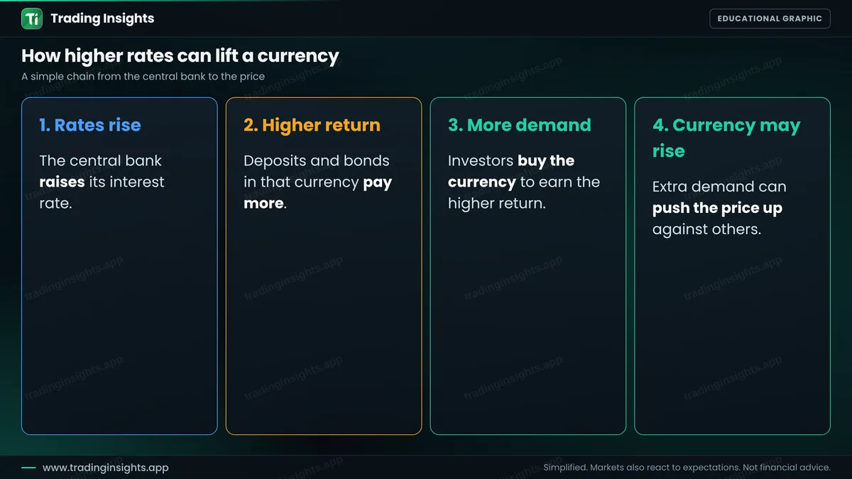 Four steps showing a rate rise, a higher return, more demand for the currency and a possible rise in the currency price