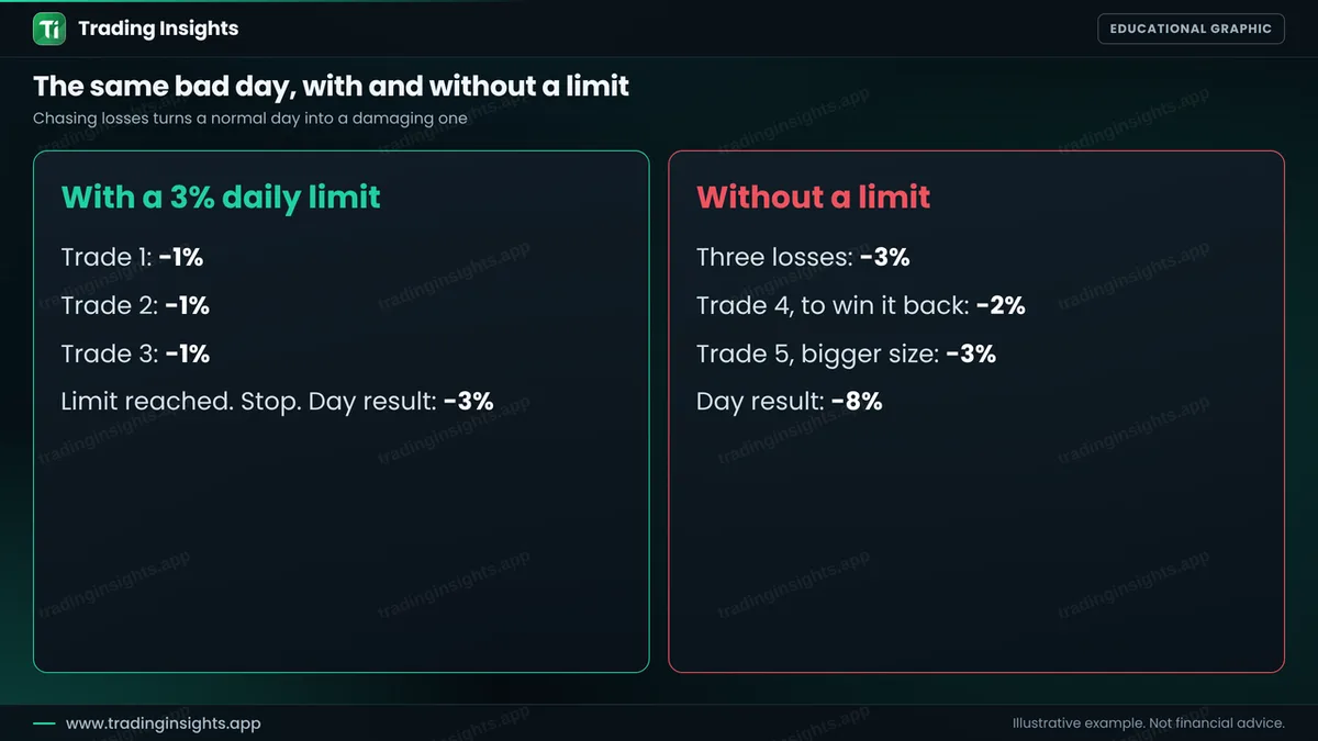 Two panels comparing a day with a 3 percent daily limit that ends at minus 3 percent, and a day without a limit where extra trades lead to minus 8 percent