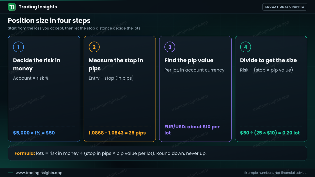 Four steps to calculate forex position size: decide the risk in money, measure the stop in pips, find the pip value and divide, with an example of 50 dollars divided by 25 pips times 10 dollars equals 0.20 lot