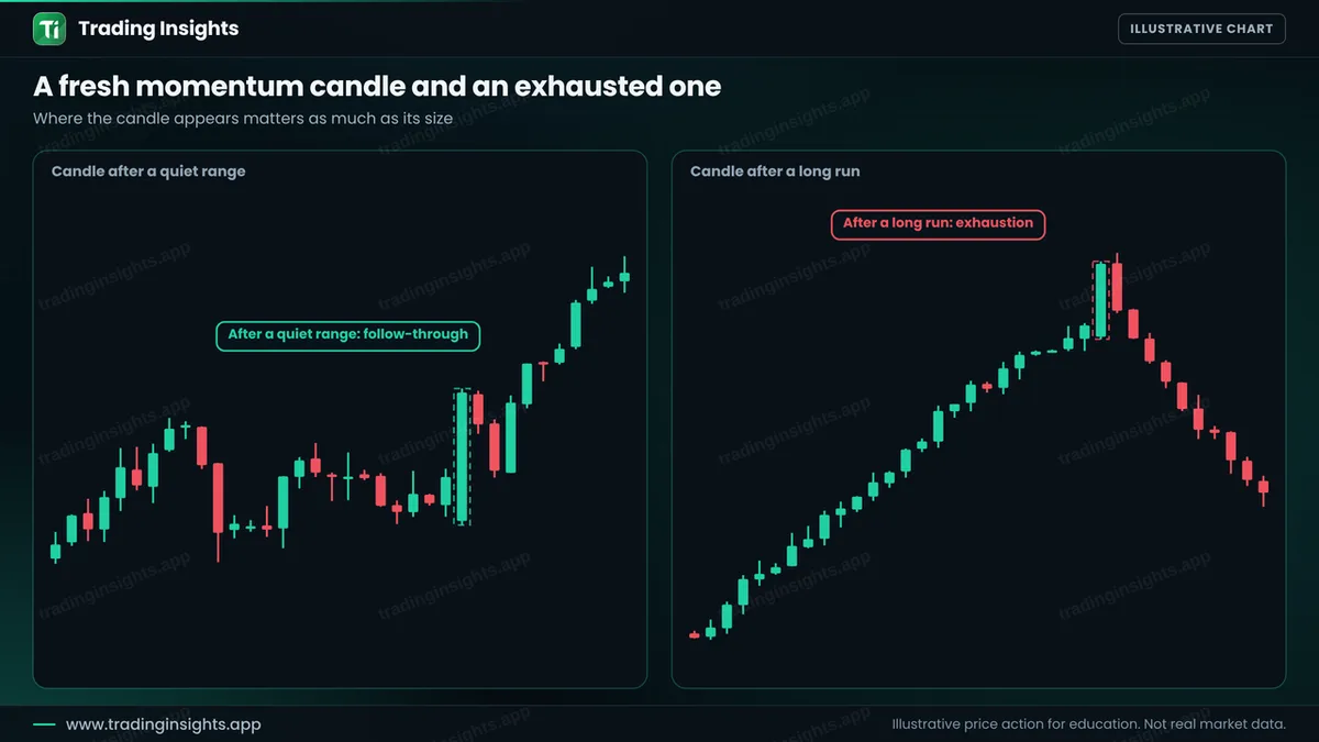 Two EUR/USD H1 charts: a momentum candle after a quiet range followed by continuation, and a momentum candle after a long run followed by a reversal