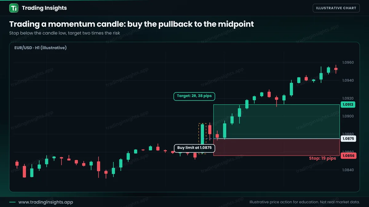 EUR/USD H1 chart of a buy limit at 1.0875 at the midpoint of a momentum candle, a stop at 1.0856 for 19 pips and a target at 1.0913 for 38 pips