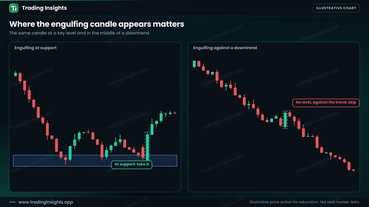 Two panels: a bullish engulfing candle at a support zone followed by a rise, and a bullish engulfing candle in the middle of a downtrend with no level, followed by a further fall