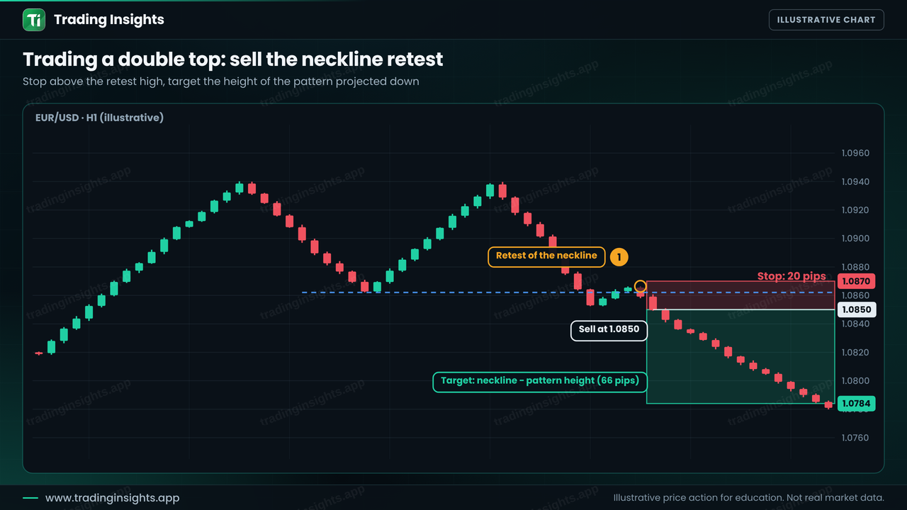 EUR/USD H1 chart of a double top trade with a sell at 1.0850 on the retest of the neckline, a stop at 1.0870 for 20 pips and a target at 1.0784 for 66 pips