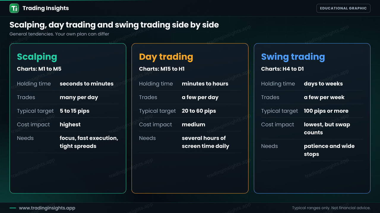 Three cards comparing scalping on M1 to M5 charts, day trading on M15 to H1 charts and swing trading on H4 to D1 charts, by holding time, number of trades, typical target, cost impact and needs