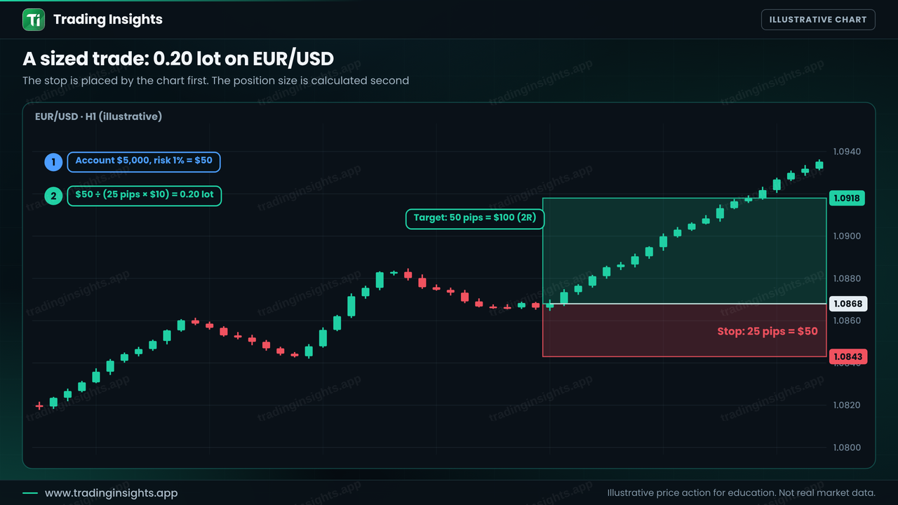 EUR/USD H1 chart of a long trade with entry 1.0868, stop 1.0843 for a 25 pip risk of 50 dollars, target 1.0918 for 50 pips, and a position size of 0.20 lot