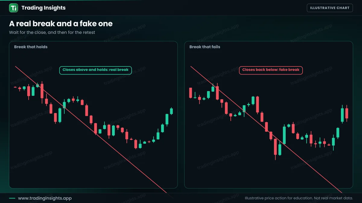 Two EUR/USD H1 charts: a break of a trend line that closes above and holds, and a break that closes back below the line and fails