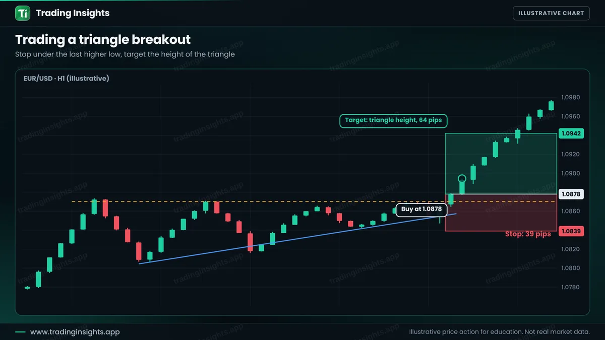 EUR/USD H1 chart of a buy at 1.0878 after an ascending triangle breakout, a stop at 1.0839 for 39 pips and a target at 1.0942 for 64 pips