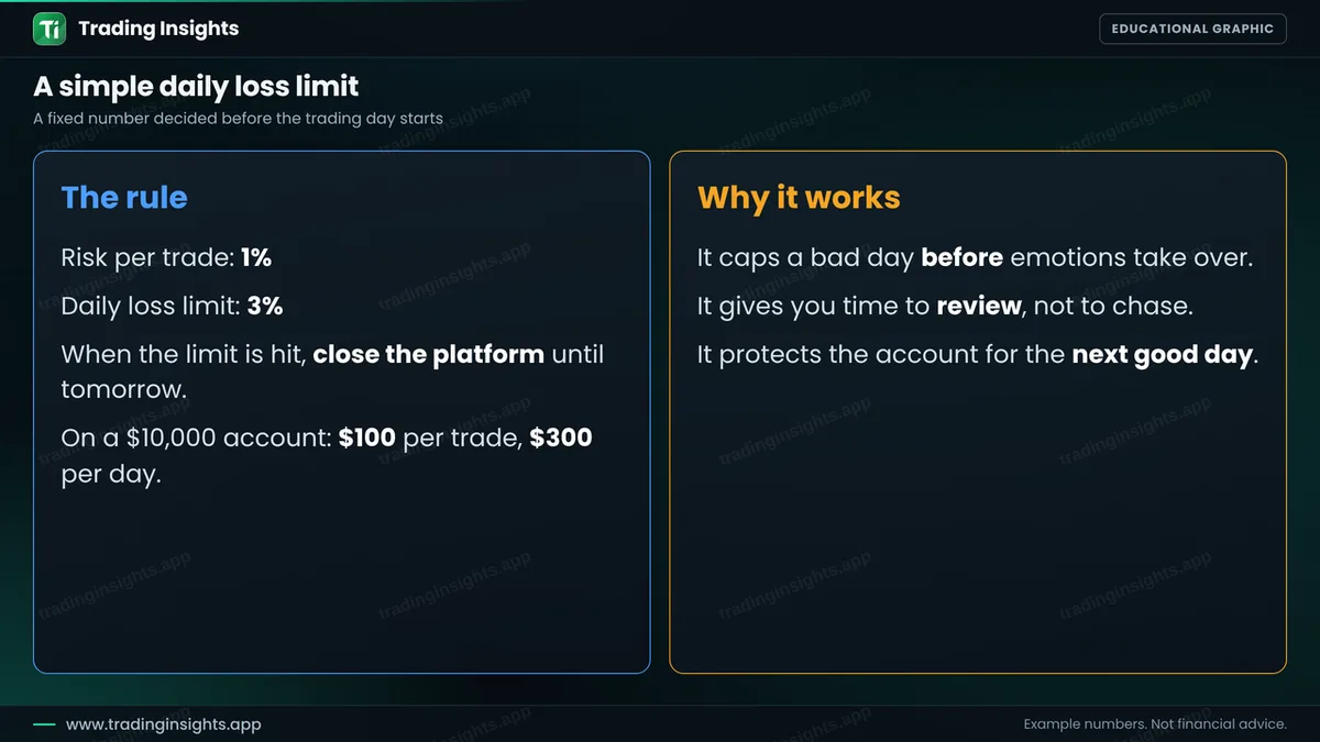 Two panels: the rule of 1 percent risk per trade and a 3 percent daily limit, and the reasons it works including capping a bad day before emotions take over