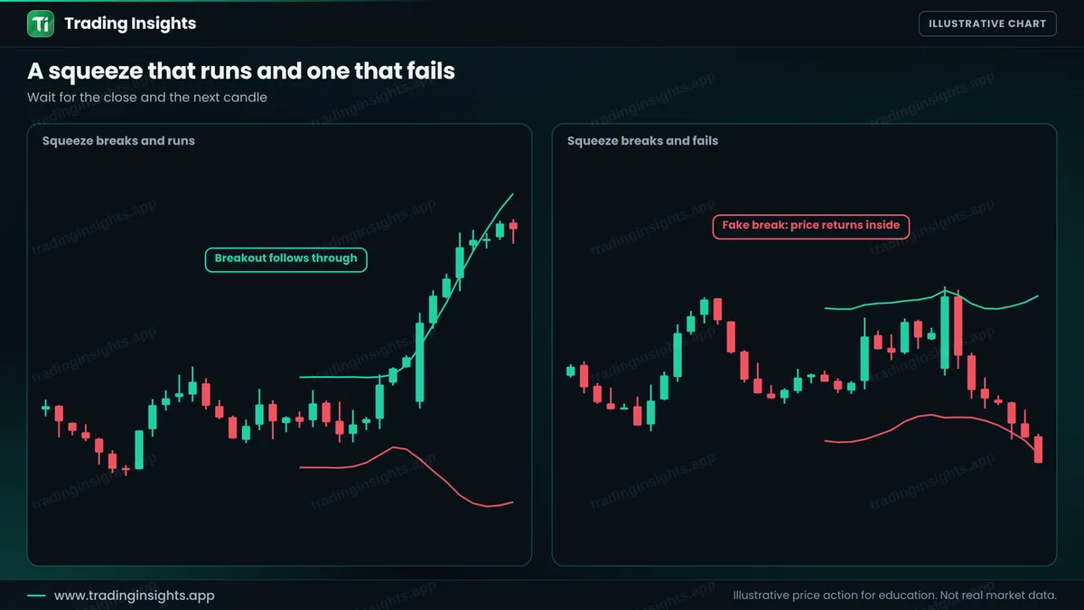 Two EUR/USD H1 charts: a squeeze where the breakout follows through, and a squeeze where price breaks out and then returns inside the bands