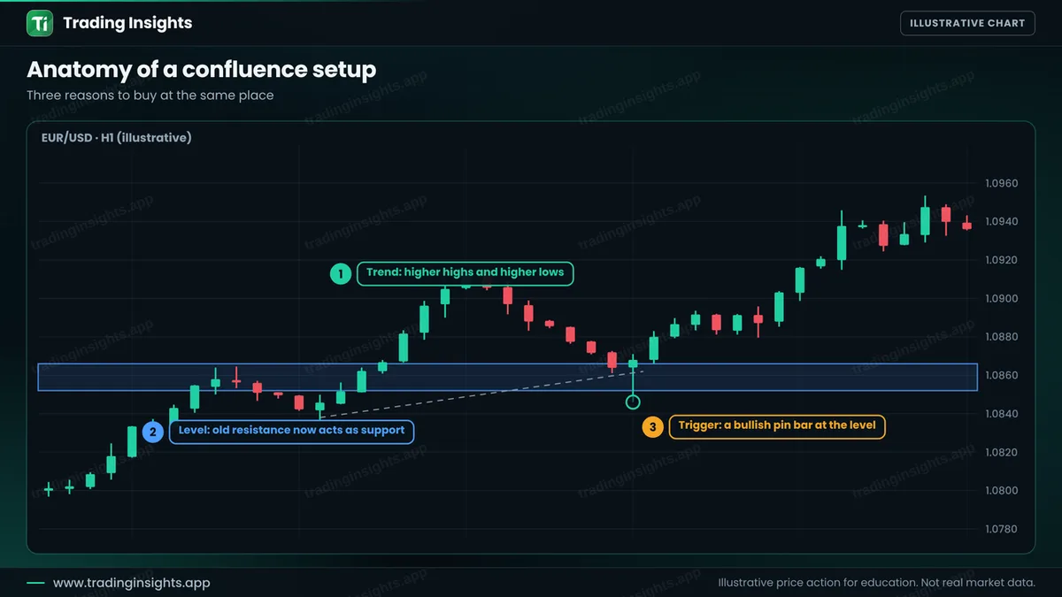 EUR/USD H1 chart of an uptrend where price pulls back to a former resistance zone that now acts as support, and a bullish pin bar forms at the zone