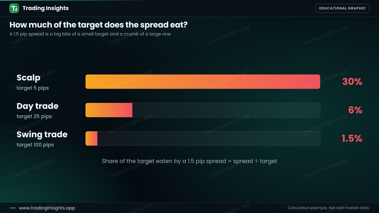 Bar chart showing a 1.5 pip spread takes 30 percent of a 5 pip scalping target, 6 percent of a 25 pip day trading target and 1.5 percent of a 100 pip swing trading target