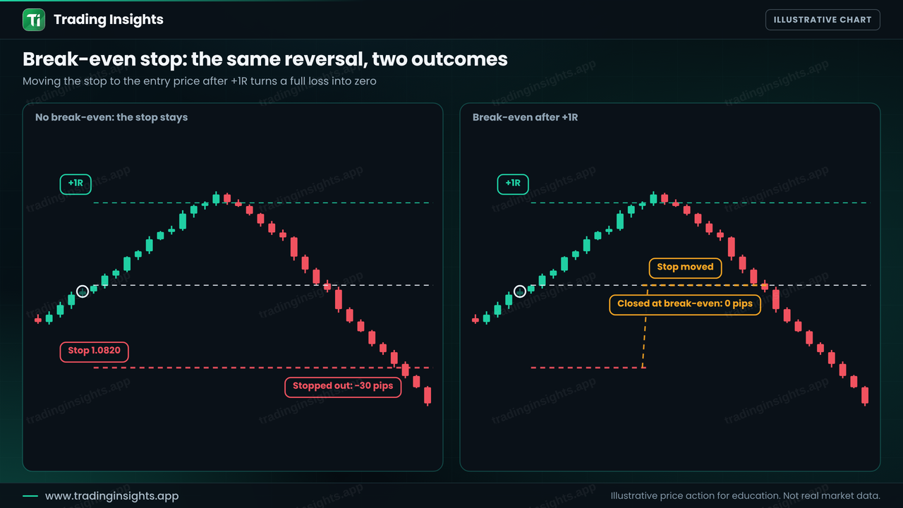 Two EUR/USD charts of the same reversal after a buy at 1.0850: on the left the stop at 1.0820 is hit for a loss of 30 pips, and on the right the stop moved to break-even closes the trade at zero