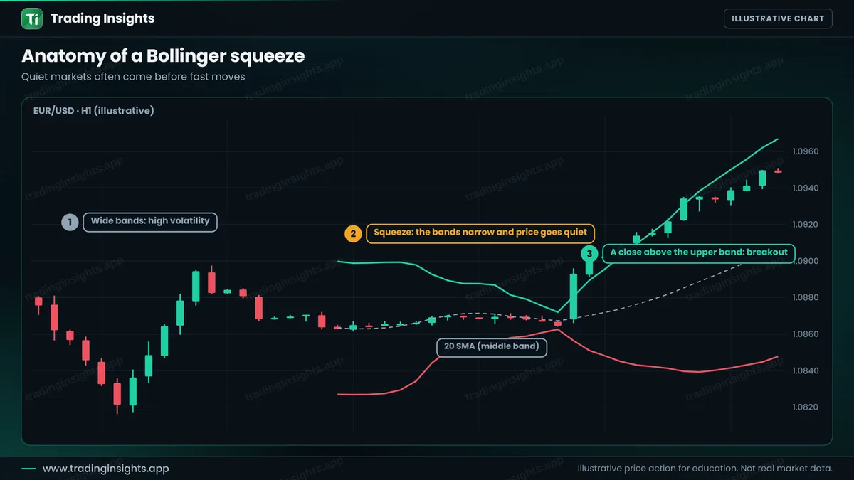 EUR/USD H1 chart with Bollinger bands that are wide, then narrow during a quiet period, and then a candle closing above the upper band as a breakout