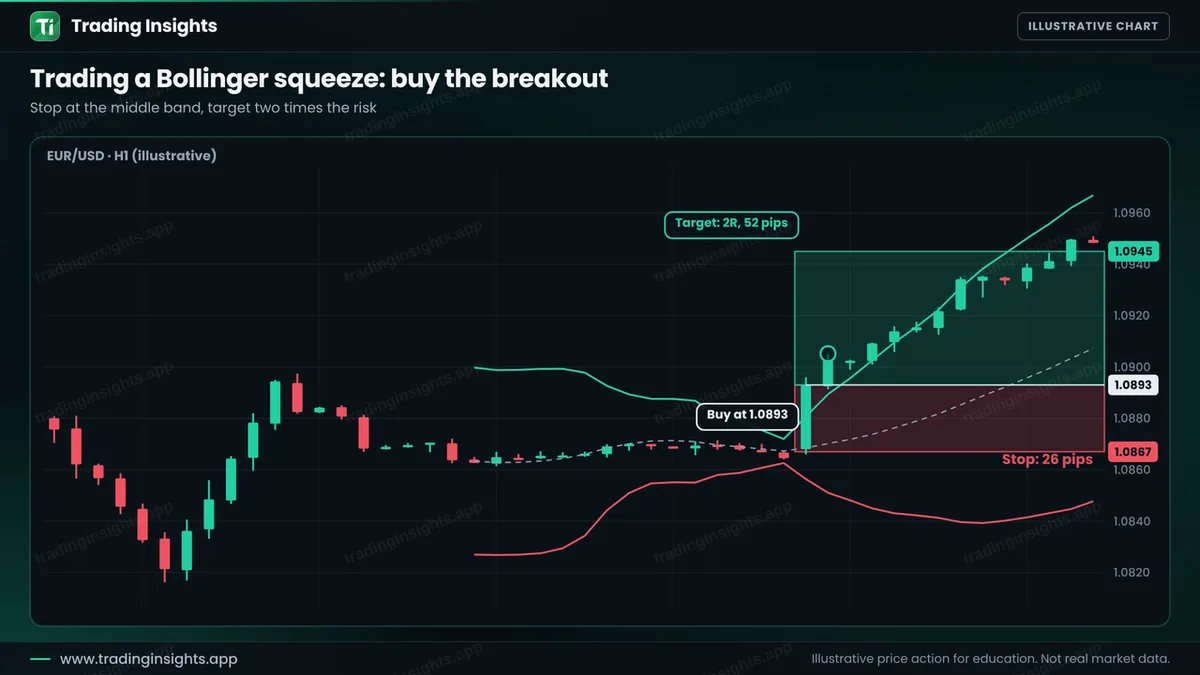 EUR/USD H1 chart of a buy at 1.0893 after a Bollinger squeeze breakout, a stop at 1.0867 for 26 pips and a target at 1.0945 for 52 pips