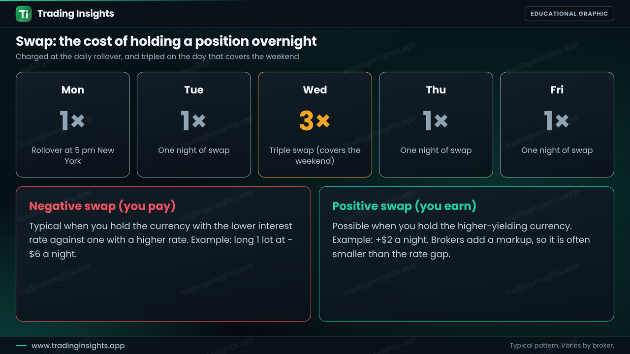 Five-day chart showing the swap charged each night from Monday to Friday, with Wednesday charged three times, and two cards explaining negative swap and positive swap