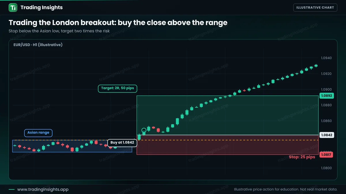 EUR/USD H1 chart of a buy at 1.0842 after a close above the Asian range, a stop at 1.0817 for 25 pips and a target at 1.0892 for 50 pips