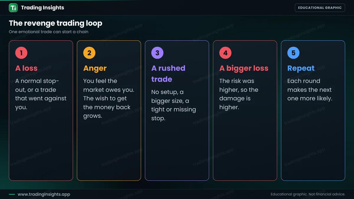Five cards showing the revenge trading loop: a loss, anger, a rushed trade, a bigger loss and repeat