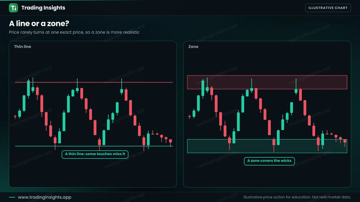 Two EUR/USD H1 charts of the same price: the left with thin lines that some candles miss, the right with zones that cover the wicks