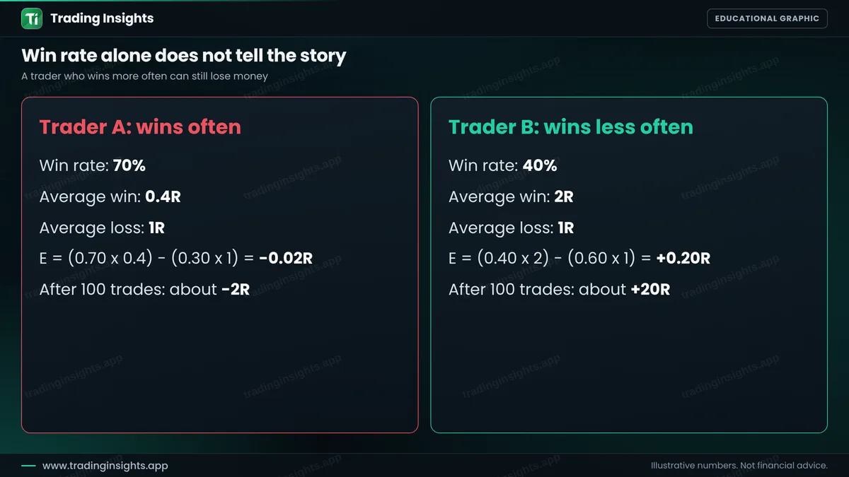 Two cards comparing Trader A with a 70 percent win rate and an expectancy of minus 0.02R against Trader B with a 40 percent win rate and an expectancy of plus 0.20R