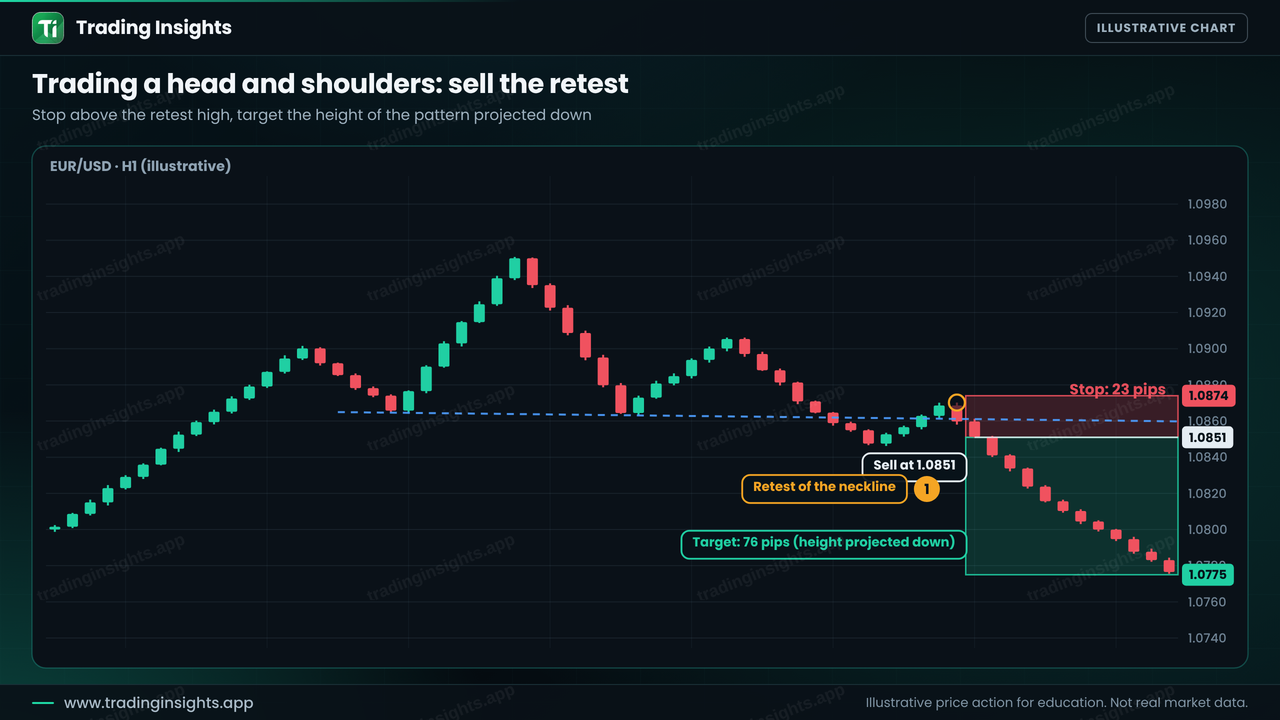 EUR/USD H1 chart of a head and shoulders trade with a sell at 1.0851 on the neckline retest, a stop at 1.0874 for 23 pips and a target at 1.0775 for 76 pips