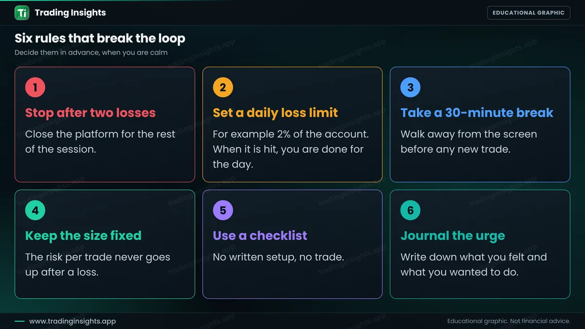 Six cards with rules to stop revenge trading: stop after two losses, set a daily loss limit, take a 30-minute break, keep the size fixed, use a checklist and journal the urge