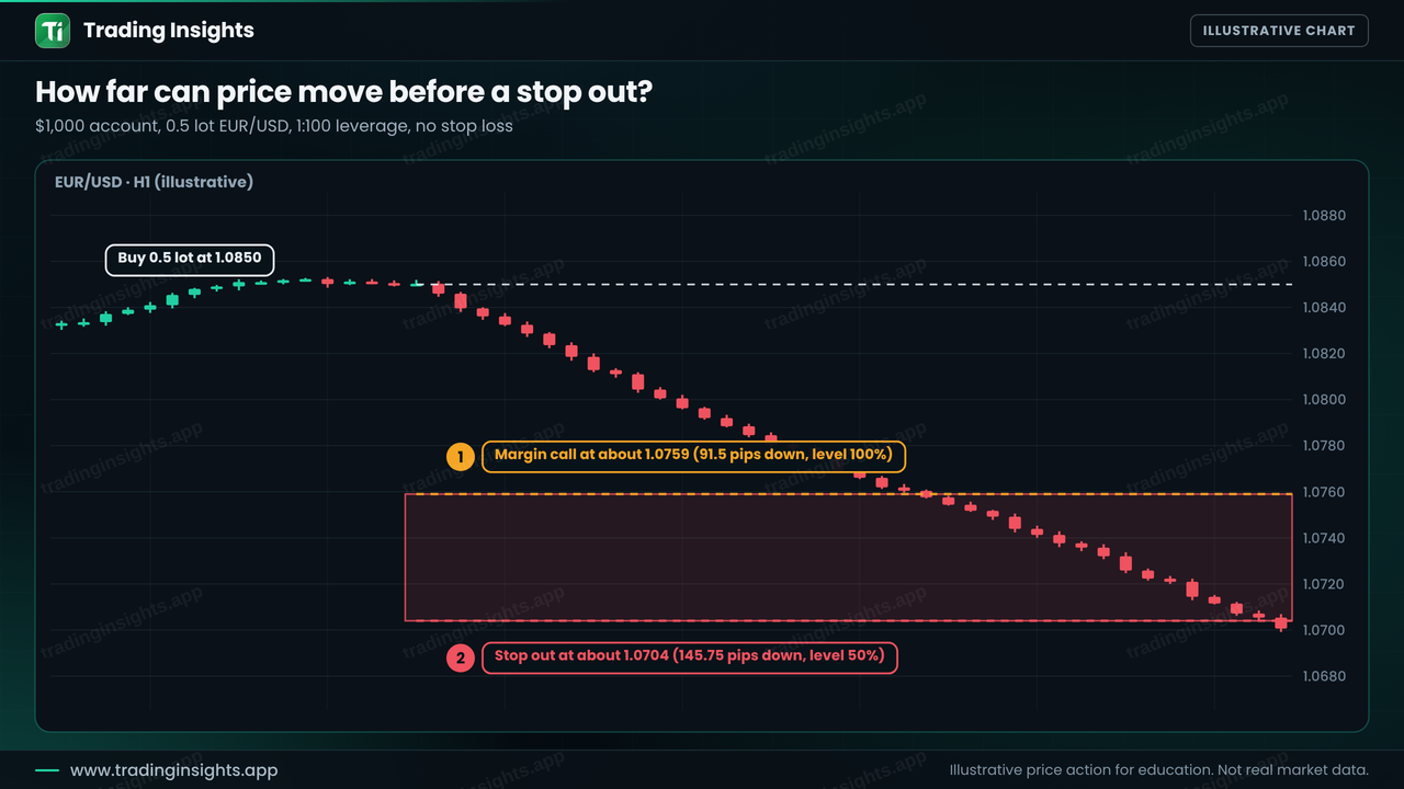 EUR/USD H1 chart of a buy at 1.0850 falling to a margin call level near 1.0759 and a stop out level near 1.0704 for a 1000 dollar account with 0.5 lot and 1 to 100 leverage