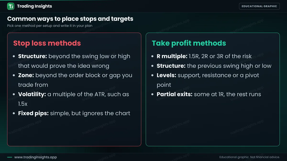Two cards listing stop loss methods (structure, zone, volatility, fixed pips) and take profit methods (R multiple, structure, levels, partial exits)