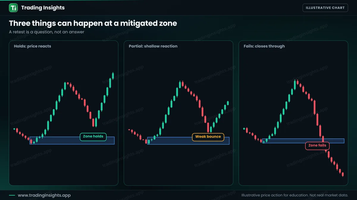 Three panels showing price returning to a blue zone: the zone holds and price rallies, a weak bounce with a shallow reaction, and a close through the zone where it fails