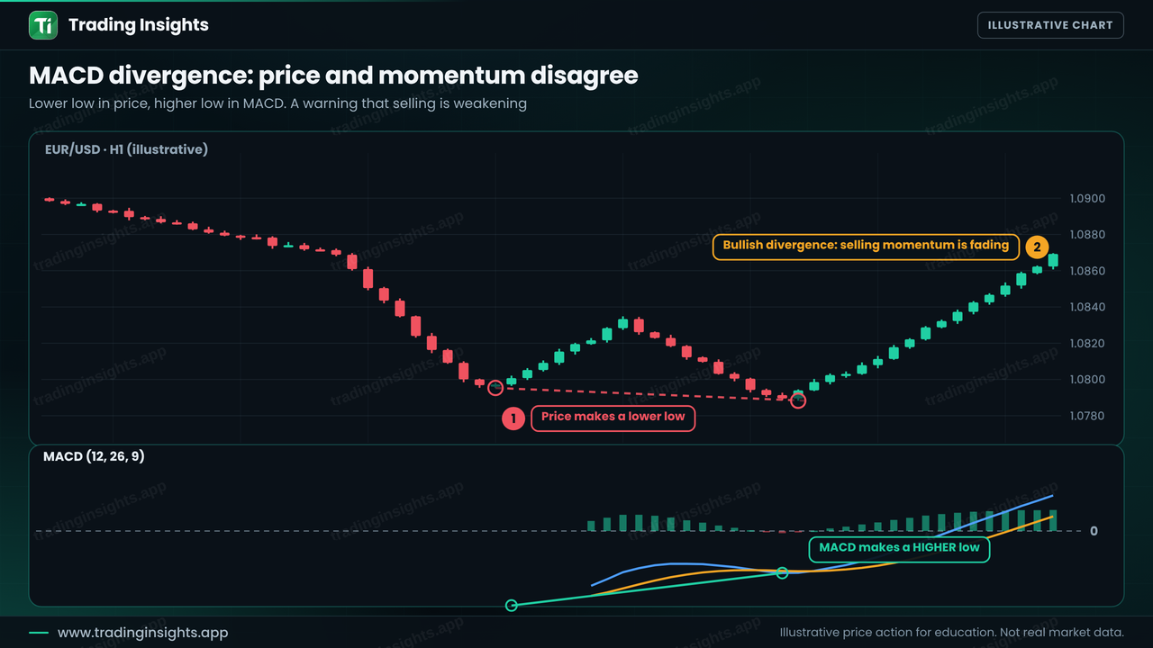 EUR/USD H1 chart where price makes a lower low while the MACD pane below makes a higher low, marked as a bullish divergence