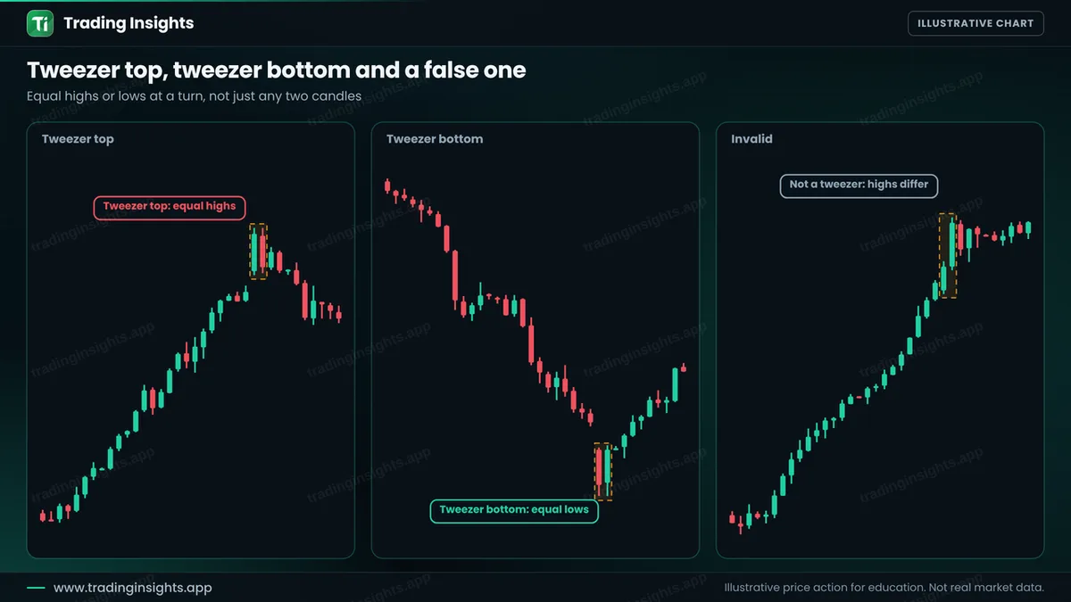 Three EUR/USD H1 charts: a tweezer top, a tweezer bottom, and an invalid pair of candles whose highs are clearly different