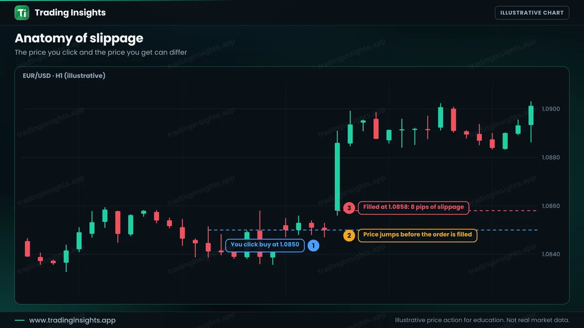 EUR/USD H1 chart where a buy is clicked at 1.0850 but price jumps up and the order is filled at 1.0858, which is 8 pips of slippage