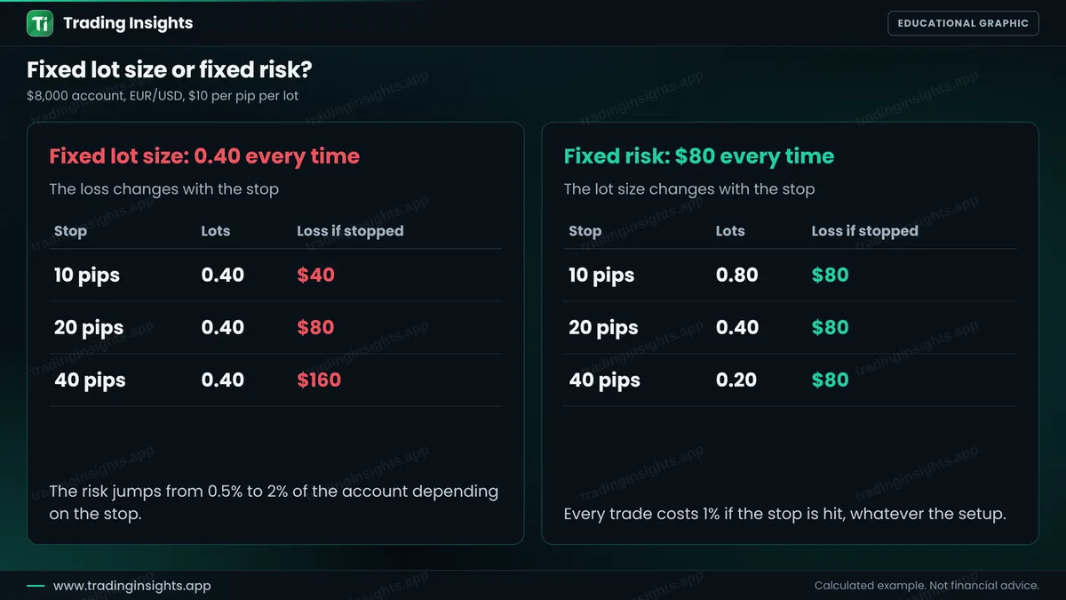 Two tables for an 8000 dollar account: fixed lot 0.40 gives losses of 40, 80 and 160 dollars for 10, 20 and 40 pip stops, while fixed risk of 80 dollars gives 0.80, 0.40 and 0.20 lot