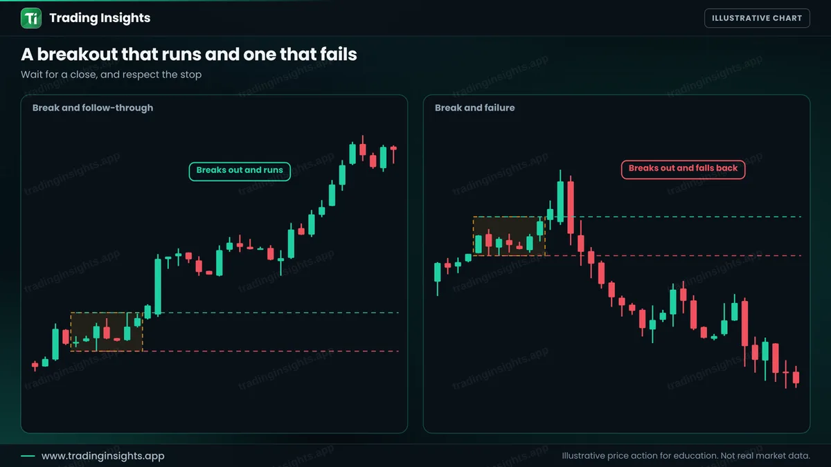 Two EUR/USD H1 charts: a breakout above the opening range that keeps going up, and a breakout that falls back and breaks the range low
