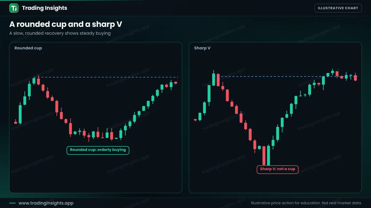 Two EUR/USD H1 charts: a rounded cup with an orderly recovery, and a sharp V where price falls and rises quickly