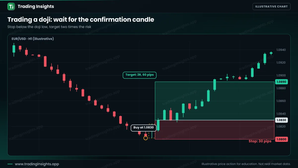 EUR/USD H1 chart of a buy at 1.0830 after a doji and a bullish confirmation candle, a stop at 1.0800 for 30 pips and a target at 1.0890 for 60 pips