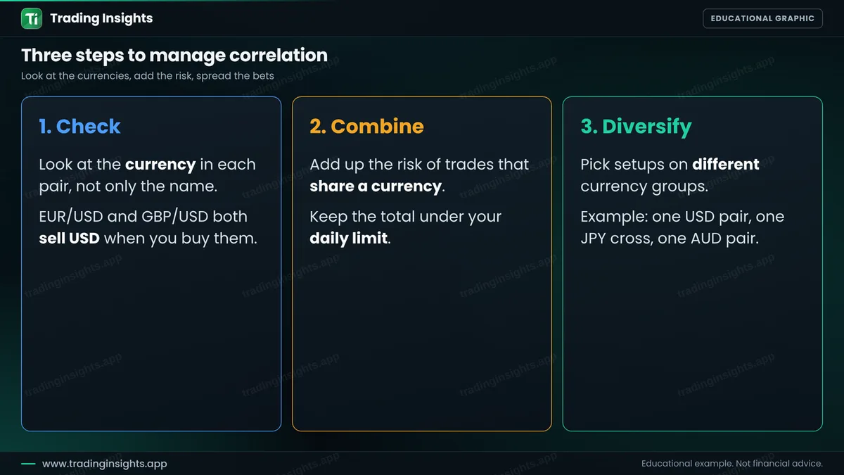 Three steps: check the currencies in each pair, combine the risk of trades that share a currency, and diversify with setups on different currency groups