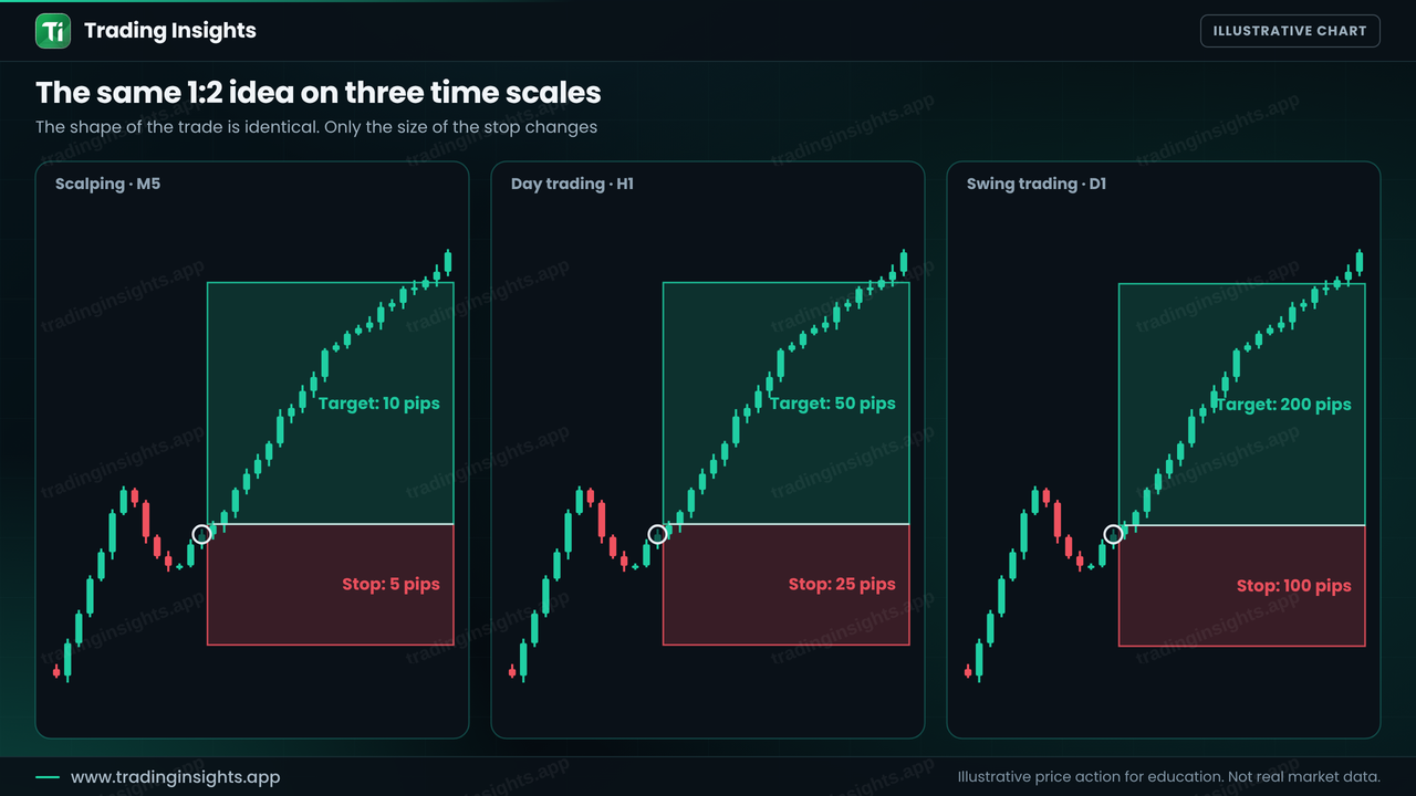 Three EUR/USD charts showing the same 1 to 2 trade on a scalping scale with a 5 pip stop and 10 pip target, a day trading scale with a 25 pip stop and 50 pip target, and a swing trading scale with a 100 pip stop and 200 pip target