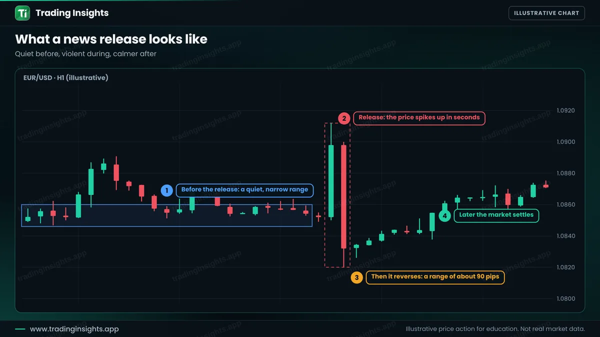 EUR/USD H1 chart with a quiet range before the news, a fast spike up and then a reversal with a range of about 90 pips, followed by a calmer market
