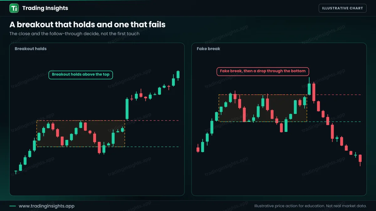 Two EUR/USD H1 charts: a breakout above a rectangle that holds and continues up, and a fake break above the top that falls back through the bottom