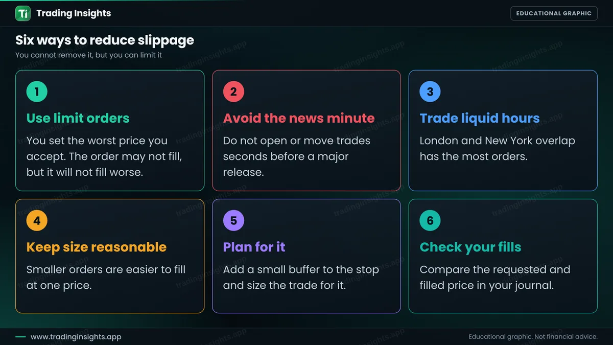 Six cards with ways to reduce slippage: use limit orders, avoid the news minute, trade liquid hours, keep size reasonable, plan for it and check your fills