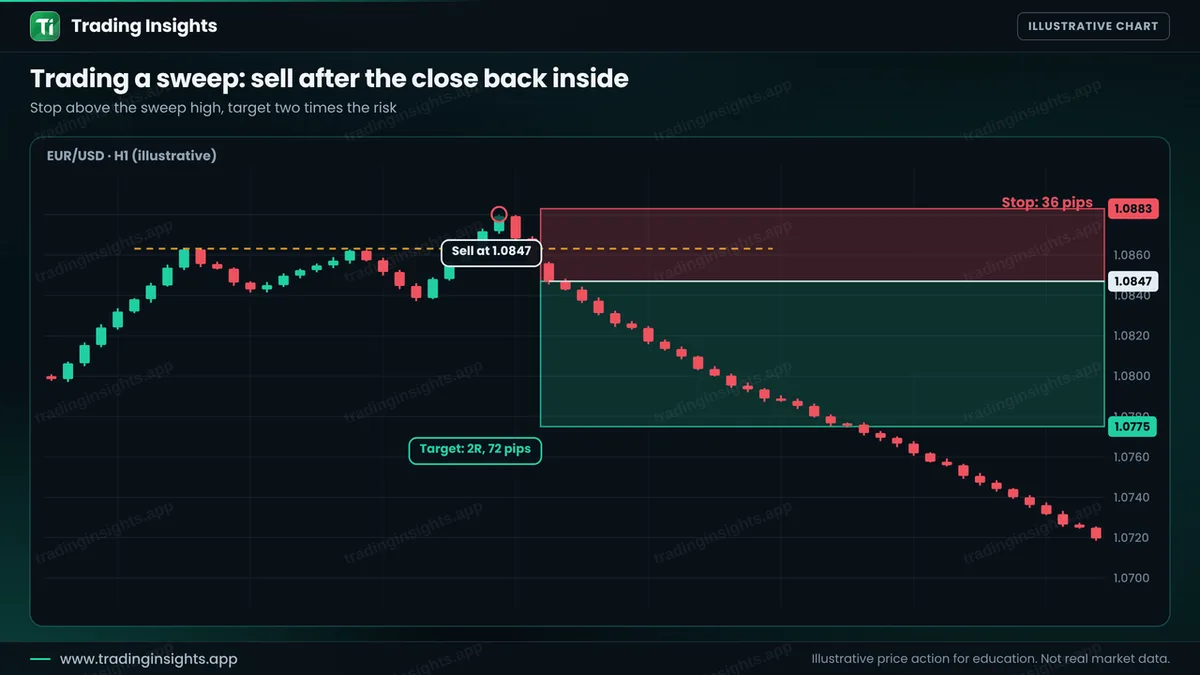 EUR/USD H1 chart of a sell at 1.0847 after a liquidity sweep of equal highs, a stop at 1.0883 for 36 pips and a target at 1.0775 for 72 pips