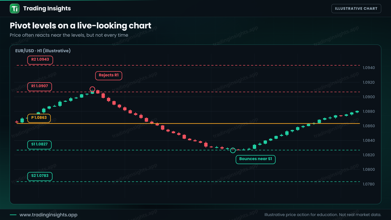 EUR/USD H1 chart with pivot levels R2, R1, P, S1 and S2 drawn as horizontal lines, price rejecting R1 and bouncing near S1