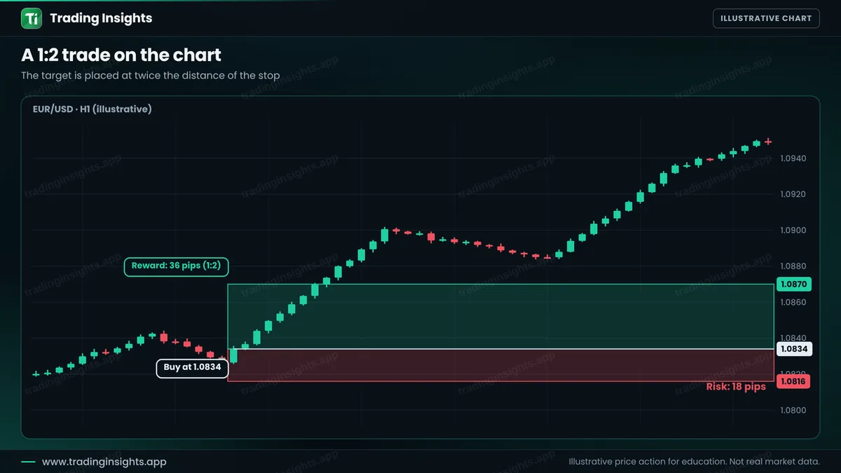 EUR/USD H1 chart of a buy at 1.0834 with a stop 18 pips below and a take profit at 1.0870 for 36 pips