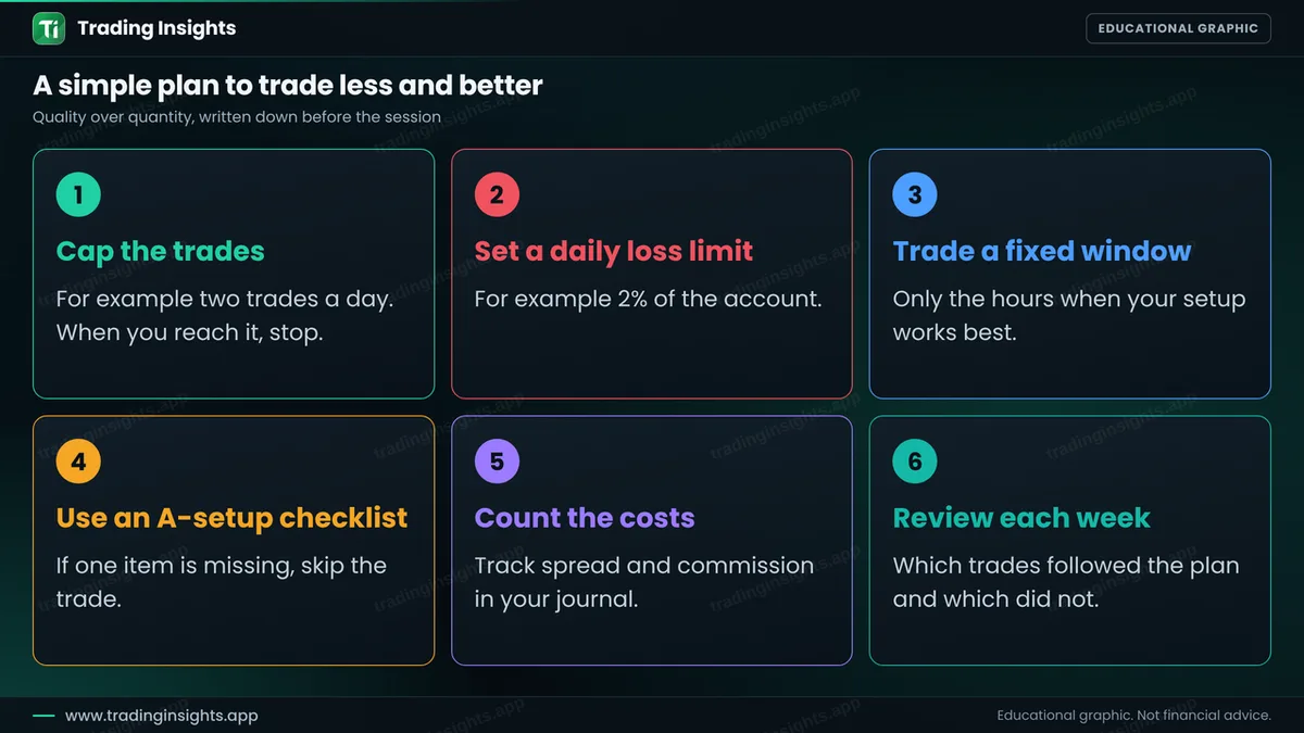 Six cards with a plan to stop overtrading: cap the trades, set a daily loss limit, trade a fixed window, use an A-setup checklist, count the costs and review each week
