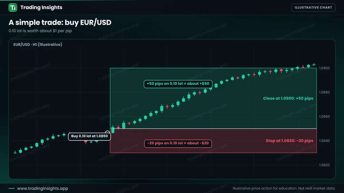 EUR/USD H1 chart of a buy of 0.10 lot at 1.0850 with a stop at 1.0830 for a loss of 20 pips and a take profit at 1.0900 for a gain of 50 pips